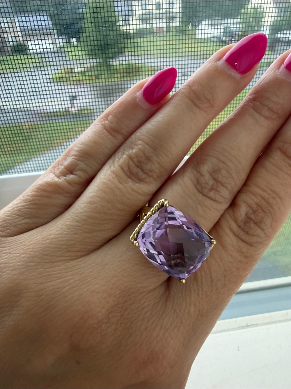 19.65ct Cushion Cut Brazilian  Amethyst Ring 10K Yellow Gold Cocktail Ring